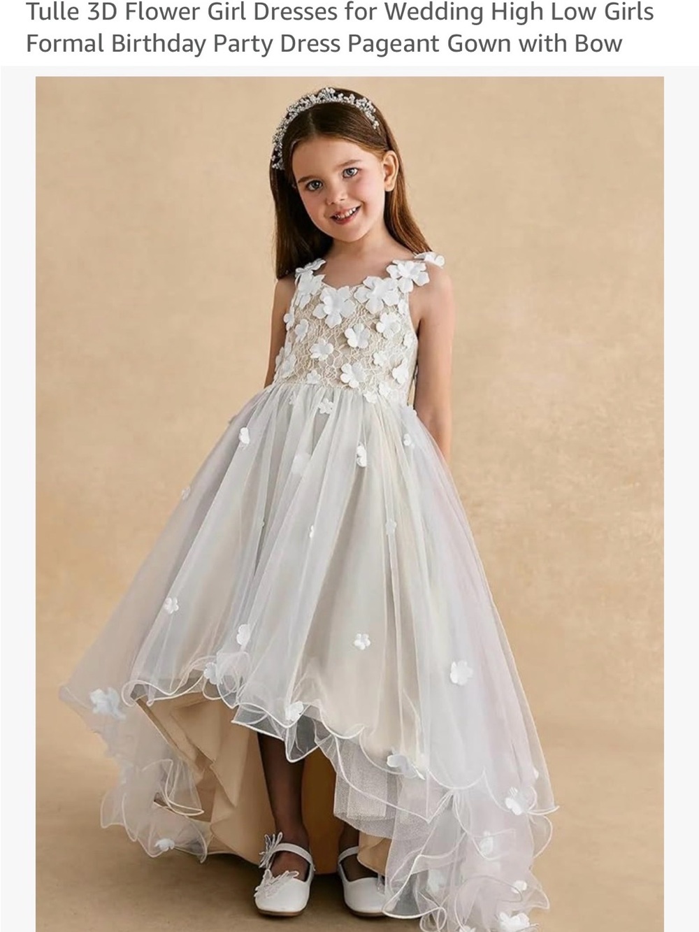 Source Unknown White Cream High-Low Tulle Floral Appliqué Girl's Dress